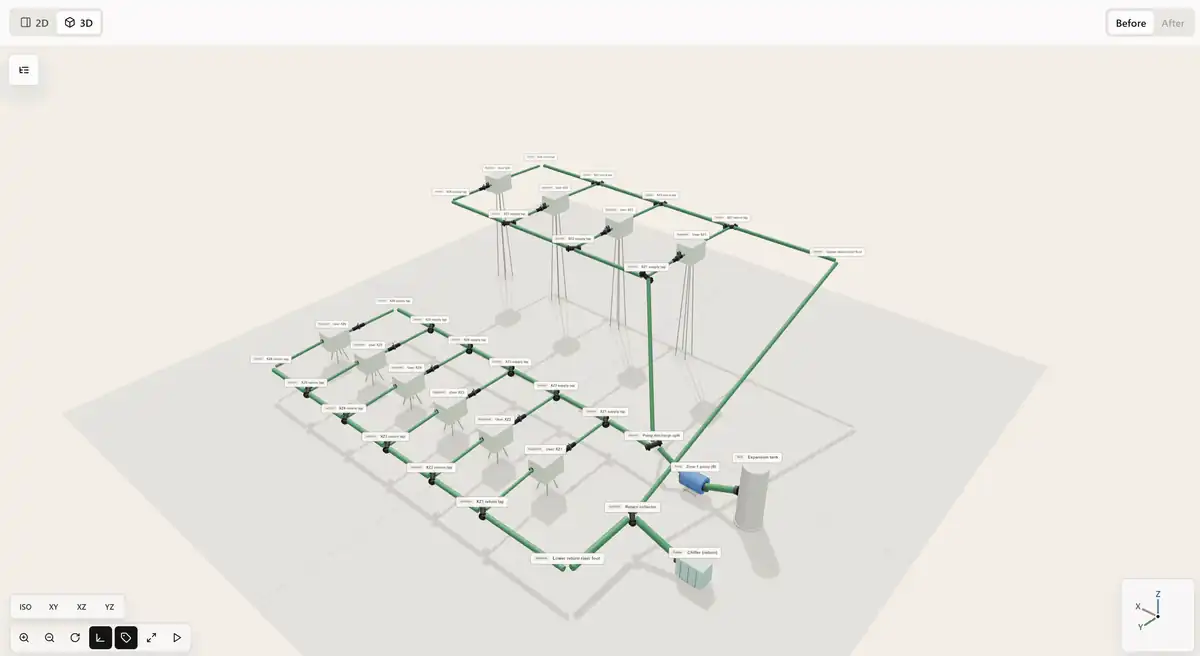 Pipe Design Advisorの三次元配管設計画面